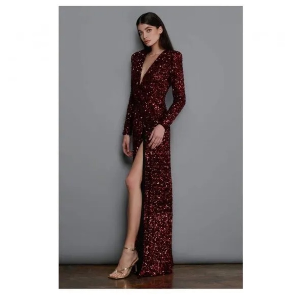 Bronx and Banco Women Long Sleeve Maroon Red Sequin Elizabeth Maxi Dress